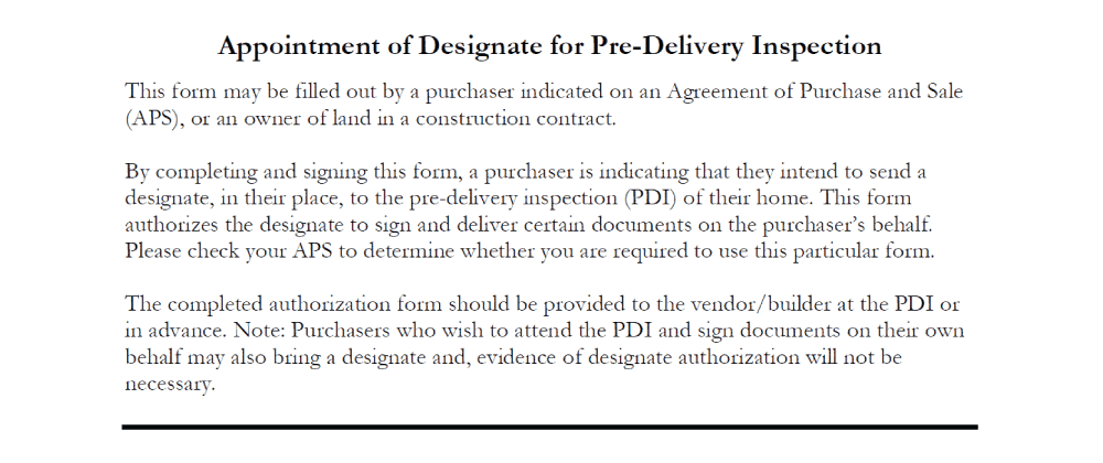 Appointment of Designate for the Pre Delivery Inspection Form